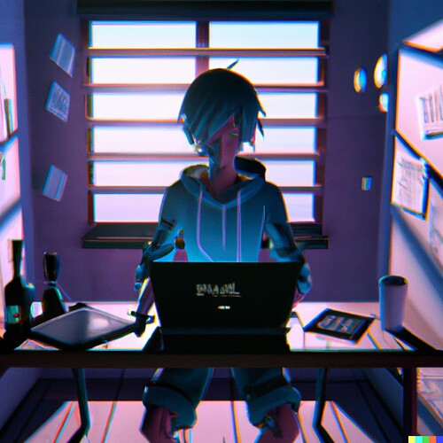 DALL·E 2022-12-31 11.02.03 - A man in front of a laptop writing  on the terminal,   anime, digital art, 4k, high detailed, 3d rendering, atmosphérique