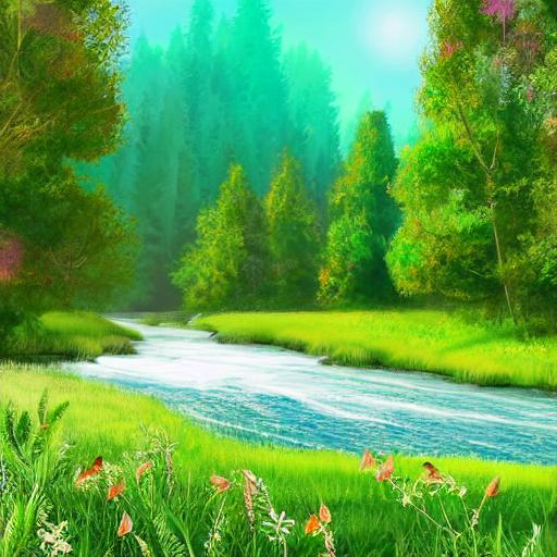 A_beautiful_meadow_with_tall_trees__a_river_running_through_it_and_a_flock_of_white_birds_flying_pea_Seed-1149439_Steps-50_Guidance-7.5